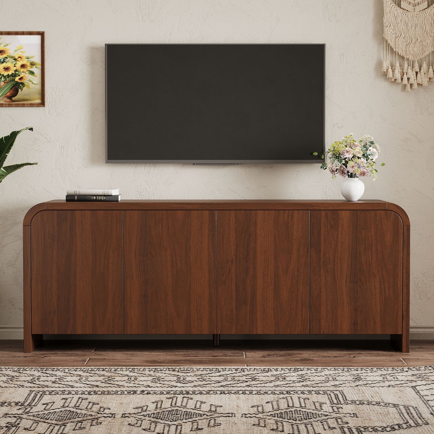 Curved Edge TV Stand With Large Cabinets
