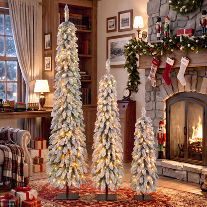 Slim Snow Flocked Pre Lit Pencil Christmas Tree, 3.9Ft / 5.9Ft / 7.9Ft With 750 Branch Tips, 480 LED Lights, Warm Glow, For Indoor Holiday Decor - White