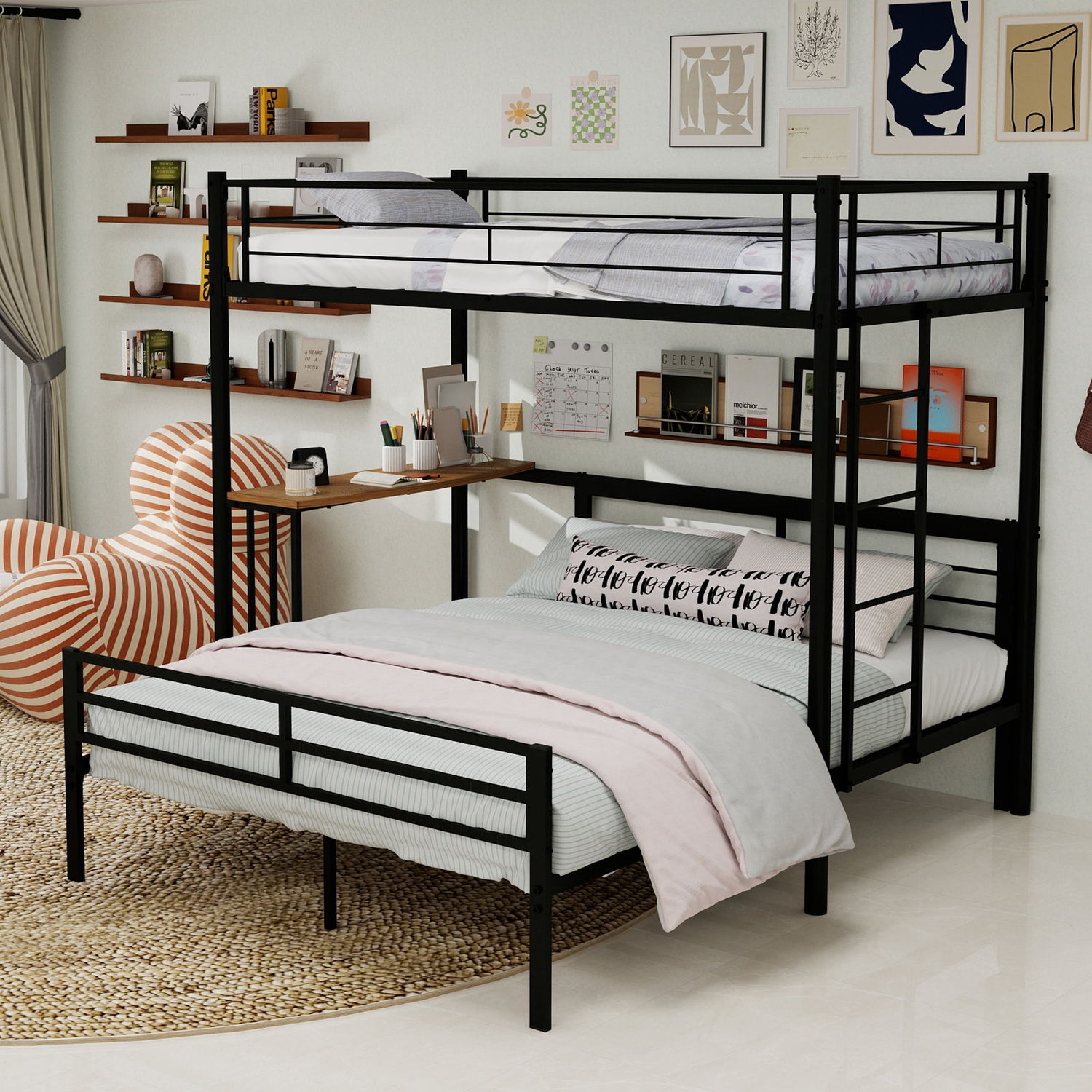 Bunk Bed With Built In Desk &amp; Guardrail Frame