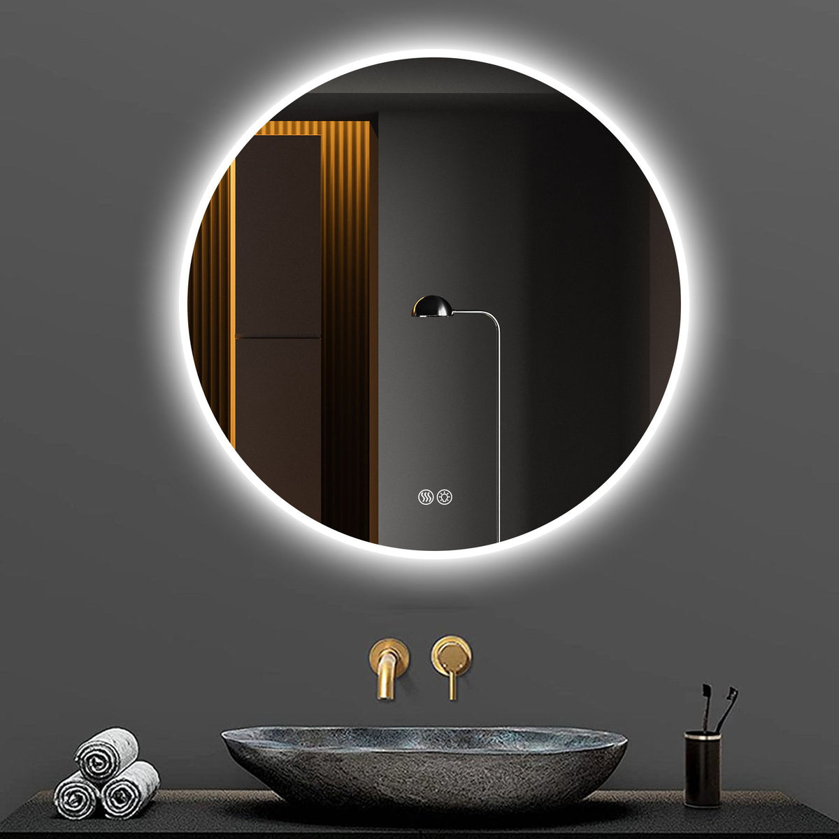Round LED Bathroom Mirror With Adjustable Lights, Anti Fog &amp; Dimmable For Home Decor - Silver
