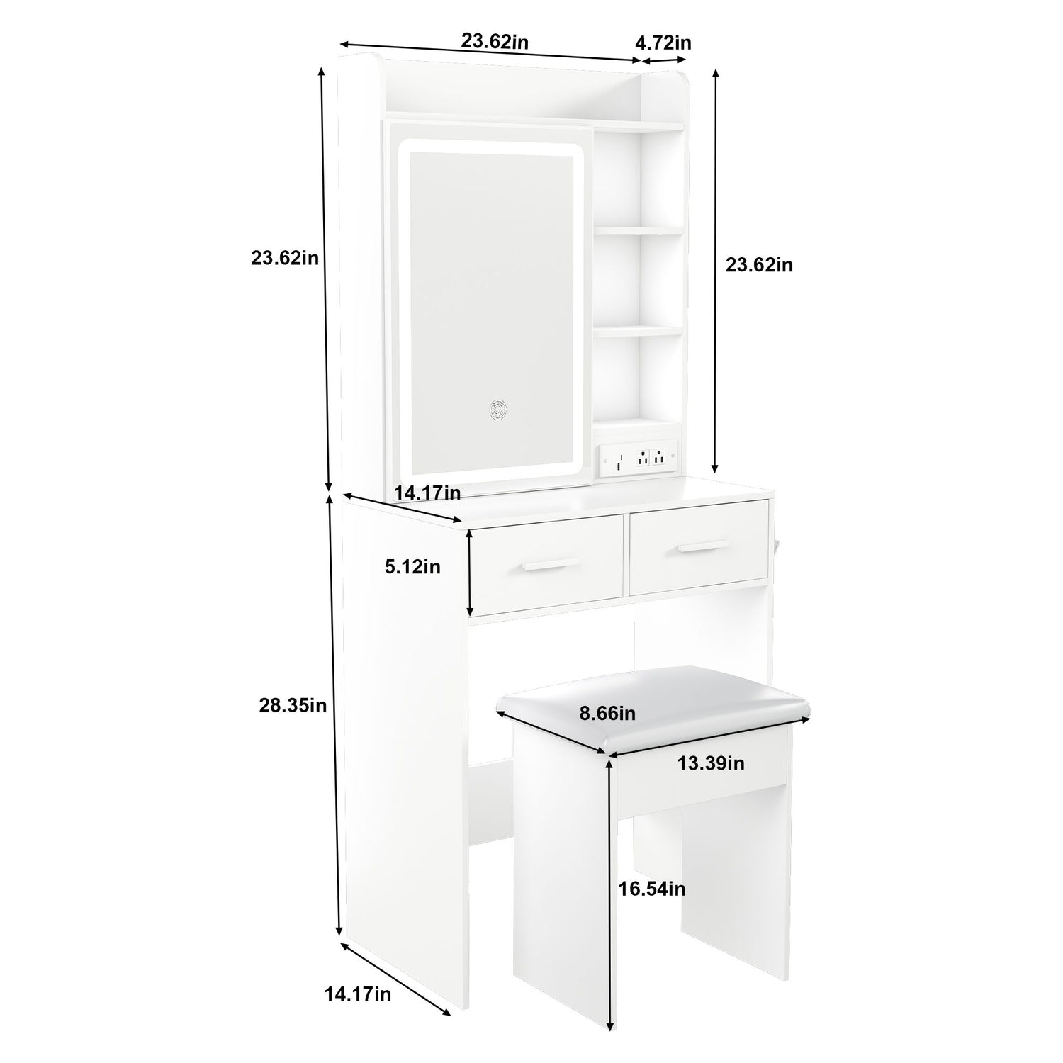 Space Saving Makeup Vanity Desk With Mirror &amp; Adjustable Led Lights, Built-In Power Outlet, Hidden Storage, Includes Stool &amp; Shelf - White