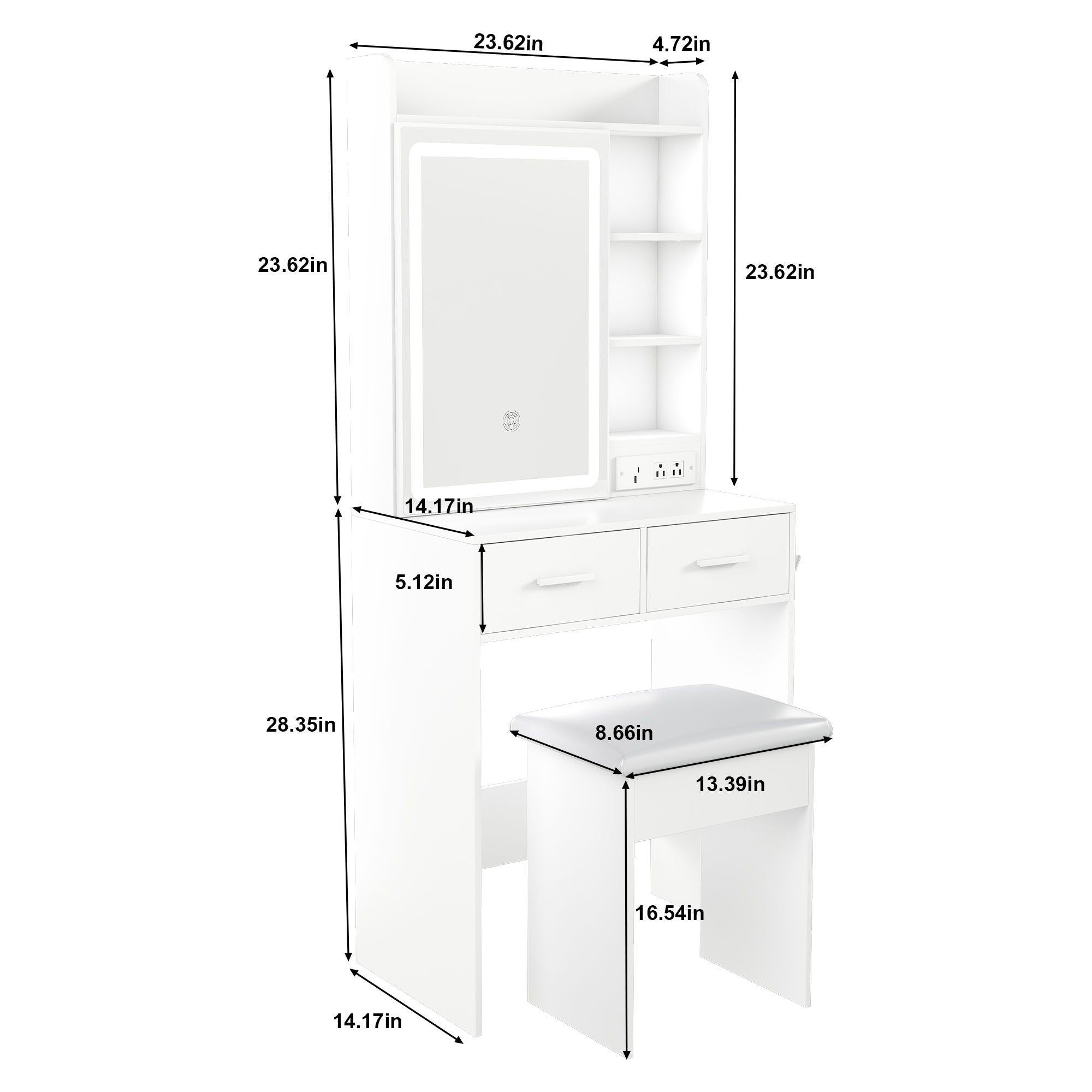 Space Saving Makeup Vanity Desk With Mirror &amp; Adjustable Led Lights, Built-In Power Outlet, Hidden Storage, Includes Stool &amp; Shelf - White