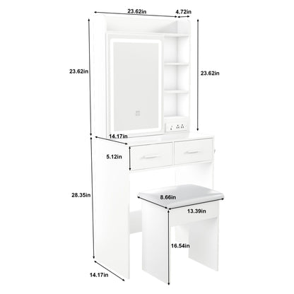 Space Saving Makeup Vanity Desk With Mirror &amp; Adjustable Led Lights, Built-In Power Outlet, Hidden Storage, Includes Stool &amp; Shelf - White