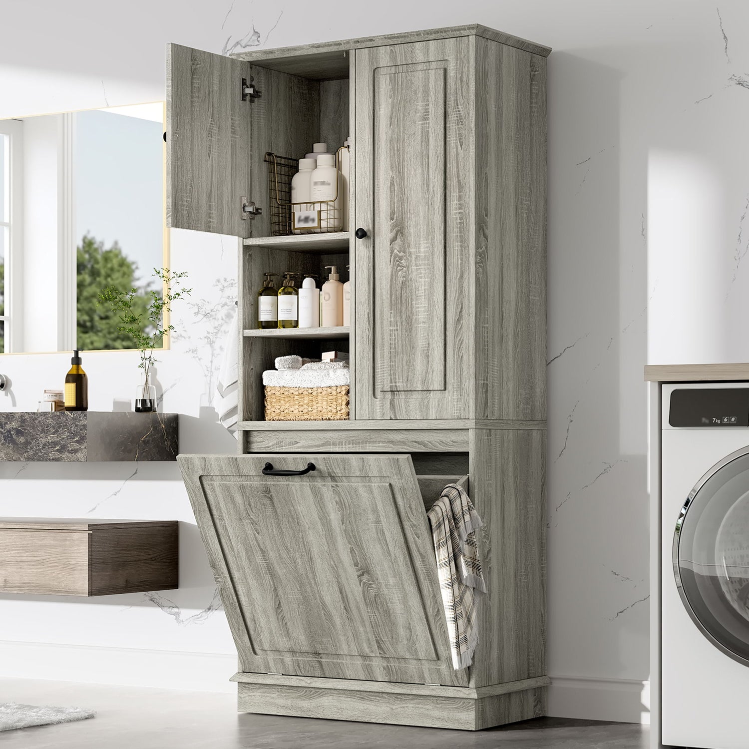 Modern Tall Storage Cabinet With Adjustable Shelves, Flip-Out Basket &amp; Enclosed Doors