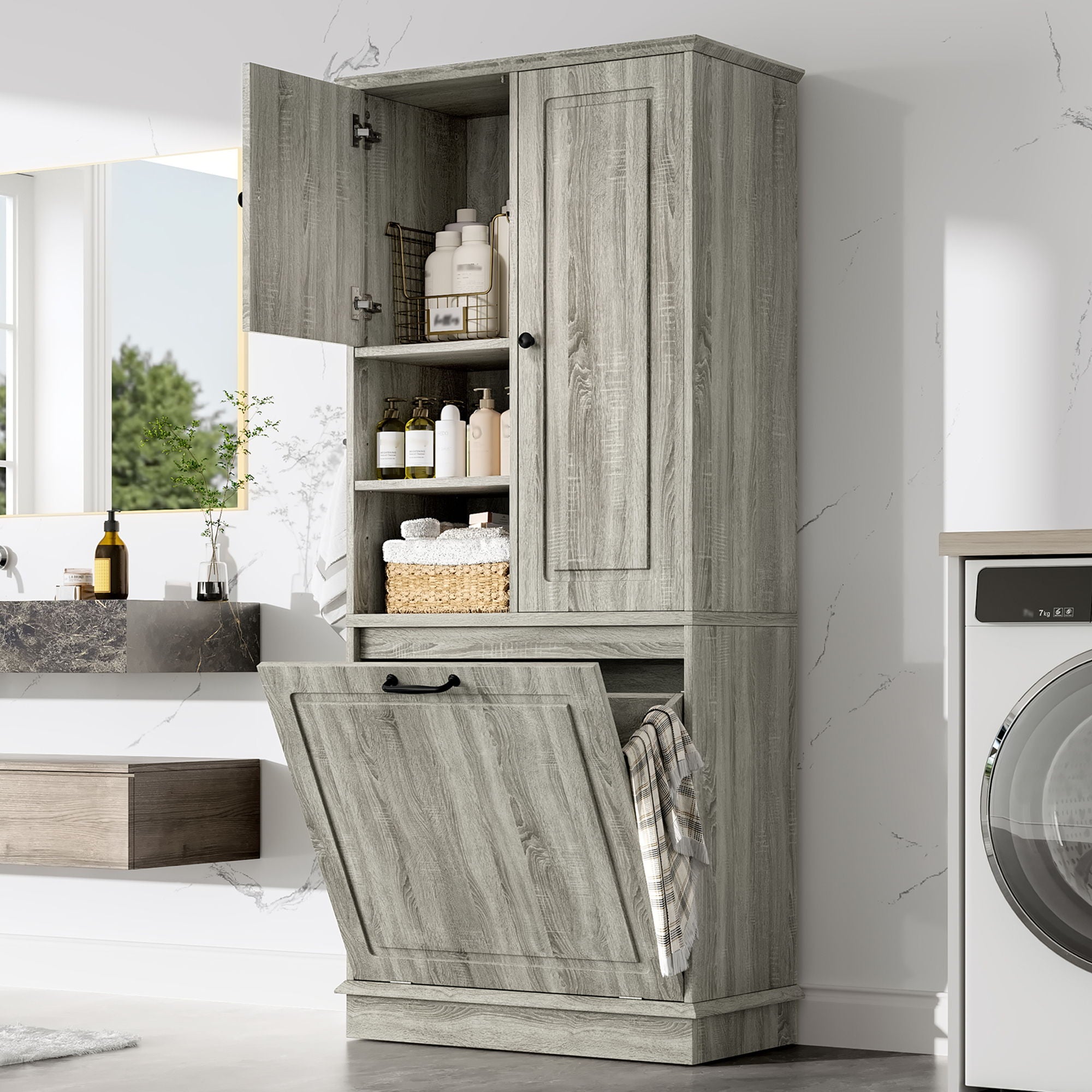 Modern Tall Storage Cabinet With Adjustable Shelves, Flip-Out Basket &amp; Enclosed Doors