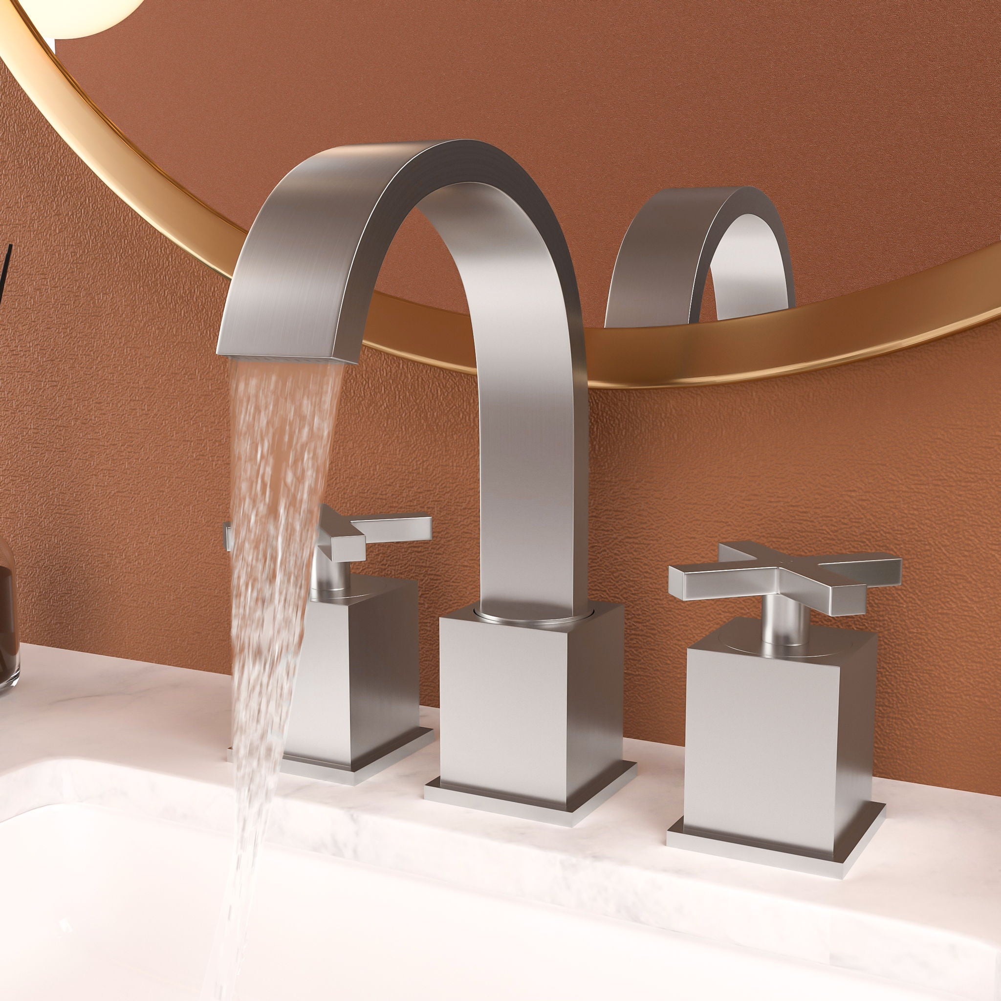 2 Handle Widespread Bathroom Faucet With Pop Up Drain And 2 Water Supply Lines - Brushed Nickel