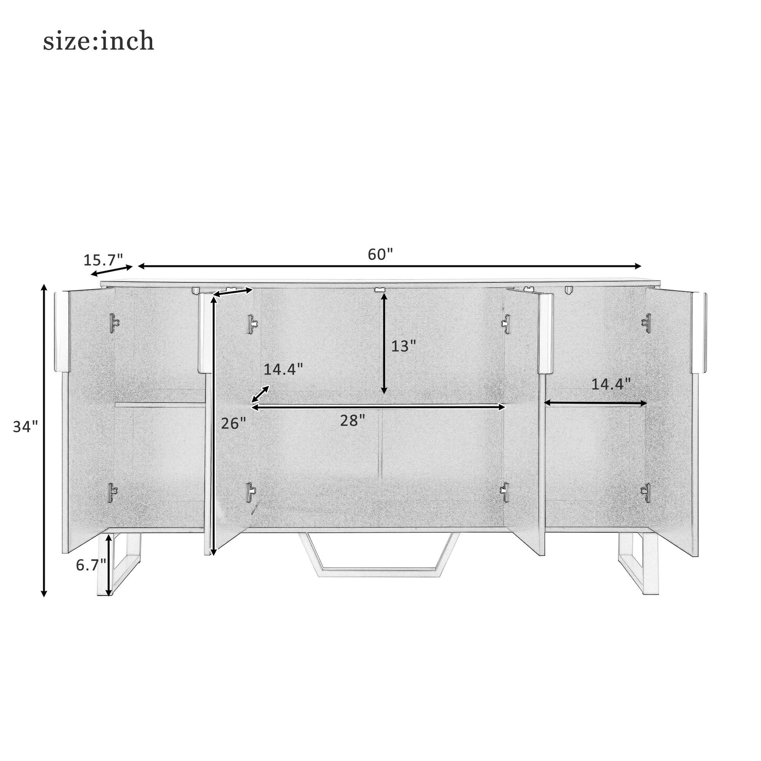 Modern Sideboard With Four Doors, Metal Handles &amp; Legs And Adjustable Shelves Kitchen Cabinet