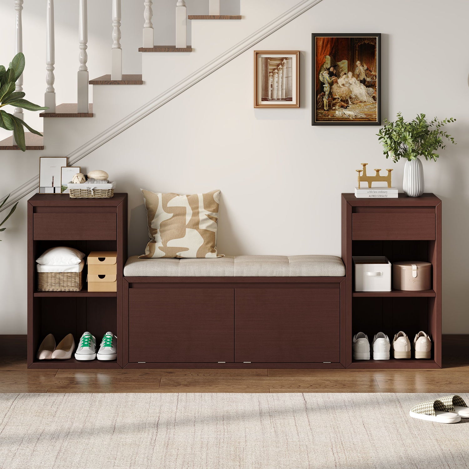 Entryway Storage Bench With Cushion, Drawers &amp; Open Shelves