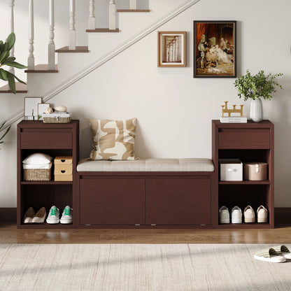 Entryway Storage Bench With Cushion, Drawers &amp; Open Shelves