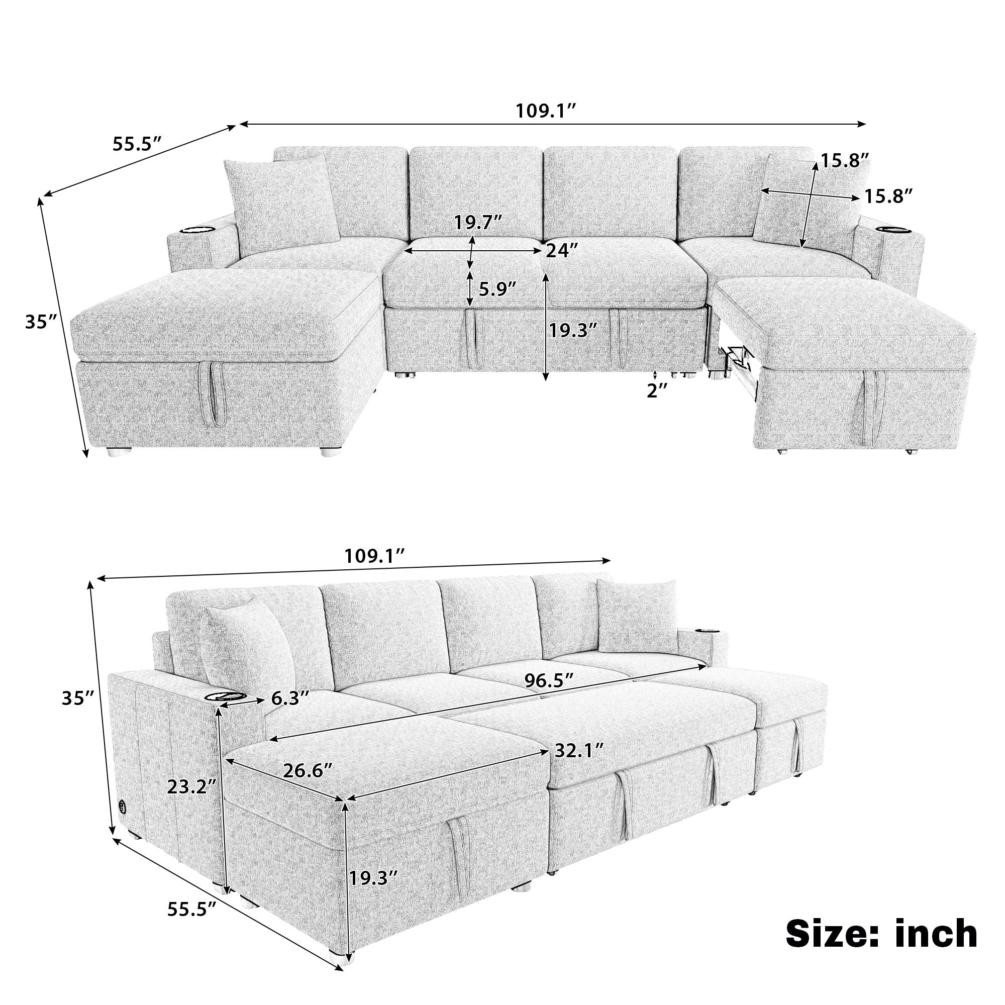 Sectional Sofa Convertible Pull-Out Bed With Storage Ottoman &amp; USB Ports