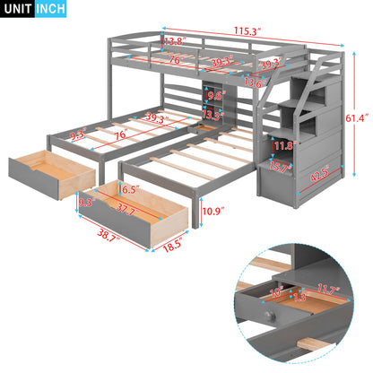 Twin Over Twin &amp; Twin Bunk Bed With Drawers, Staircase Storage, Built In Shelves - Gray