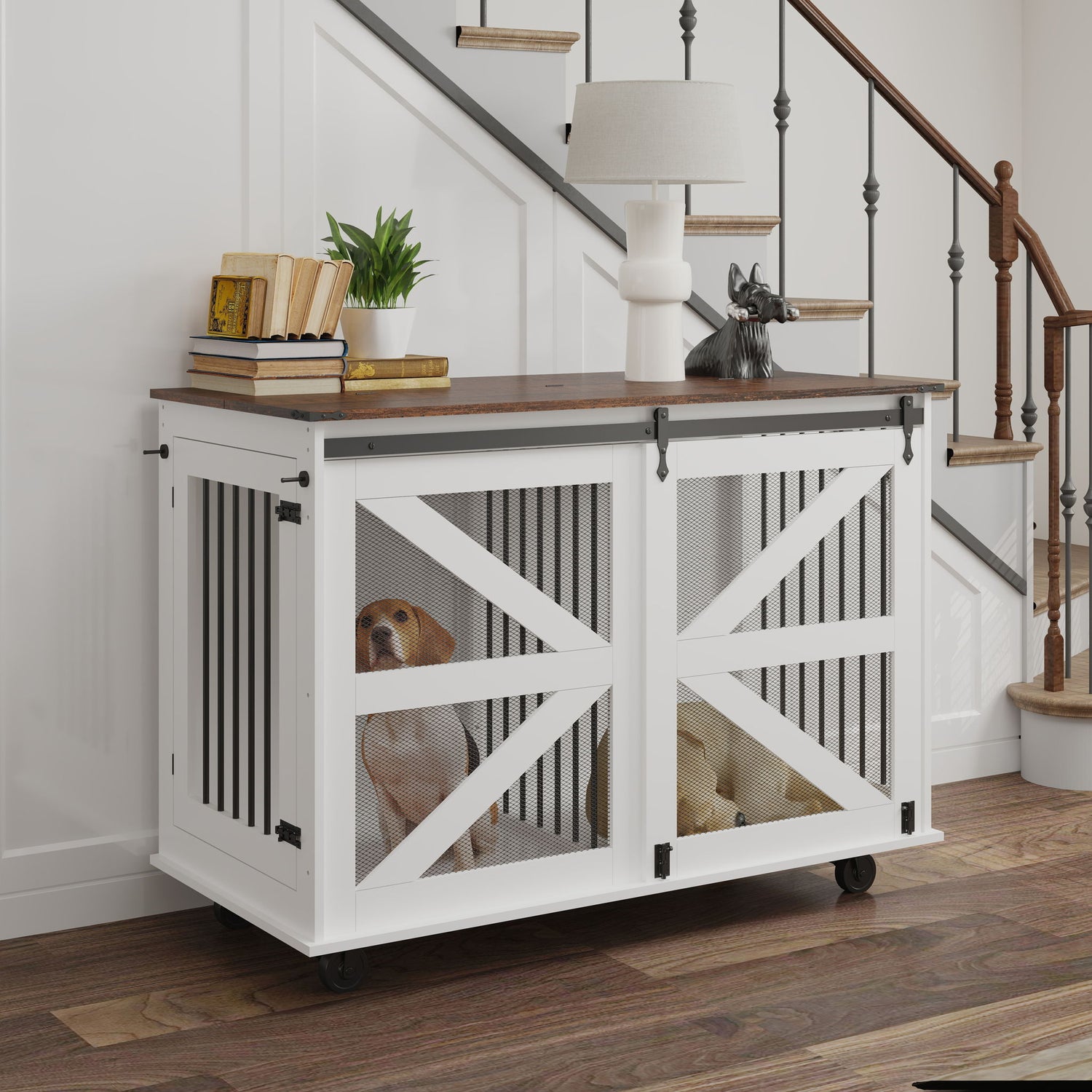 Mobile Dog Crate With Flip Top Feeding Door, Dual Access &amp; 5 Caster System (2 Locking) - Brown White