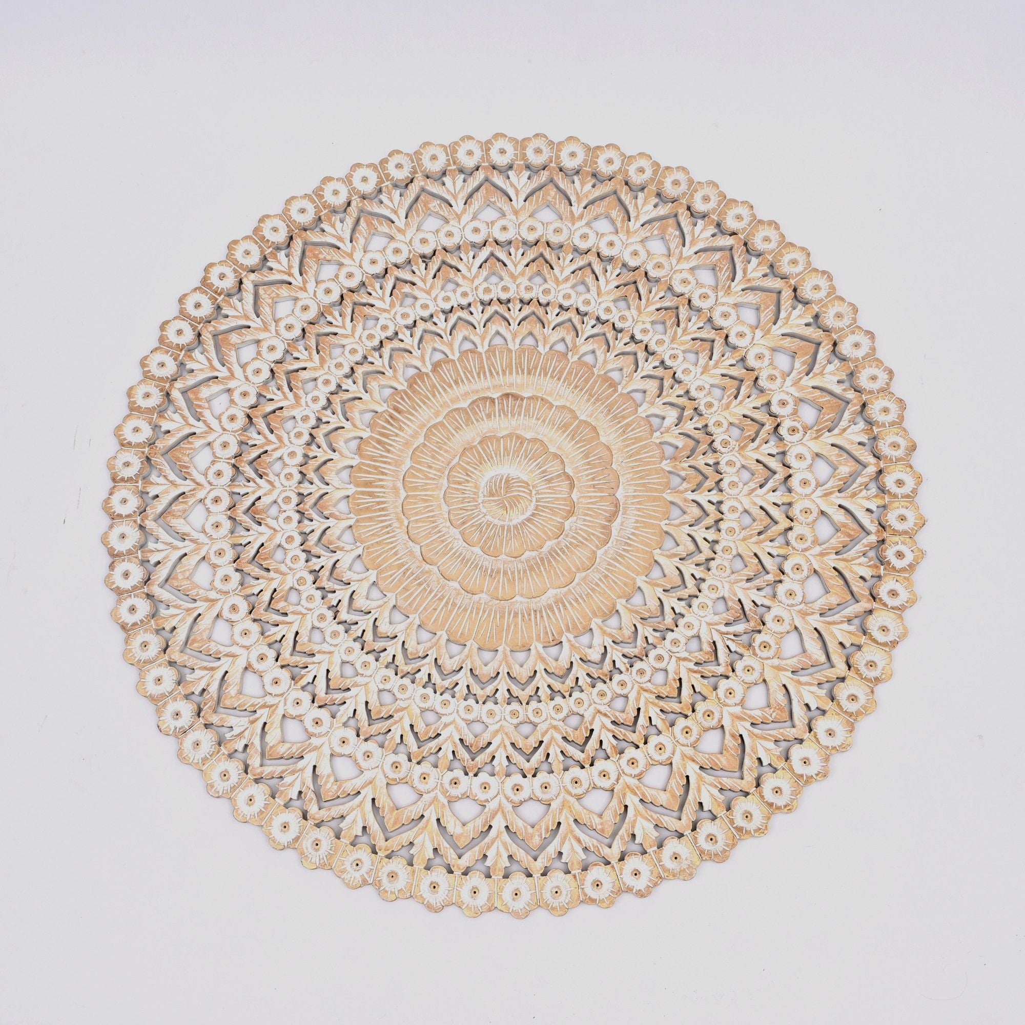 Floral Hand Carved Mandala Round Wall Decor - Brown / Antique White