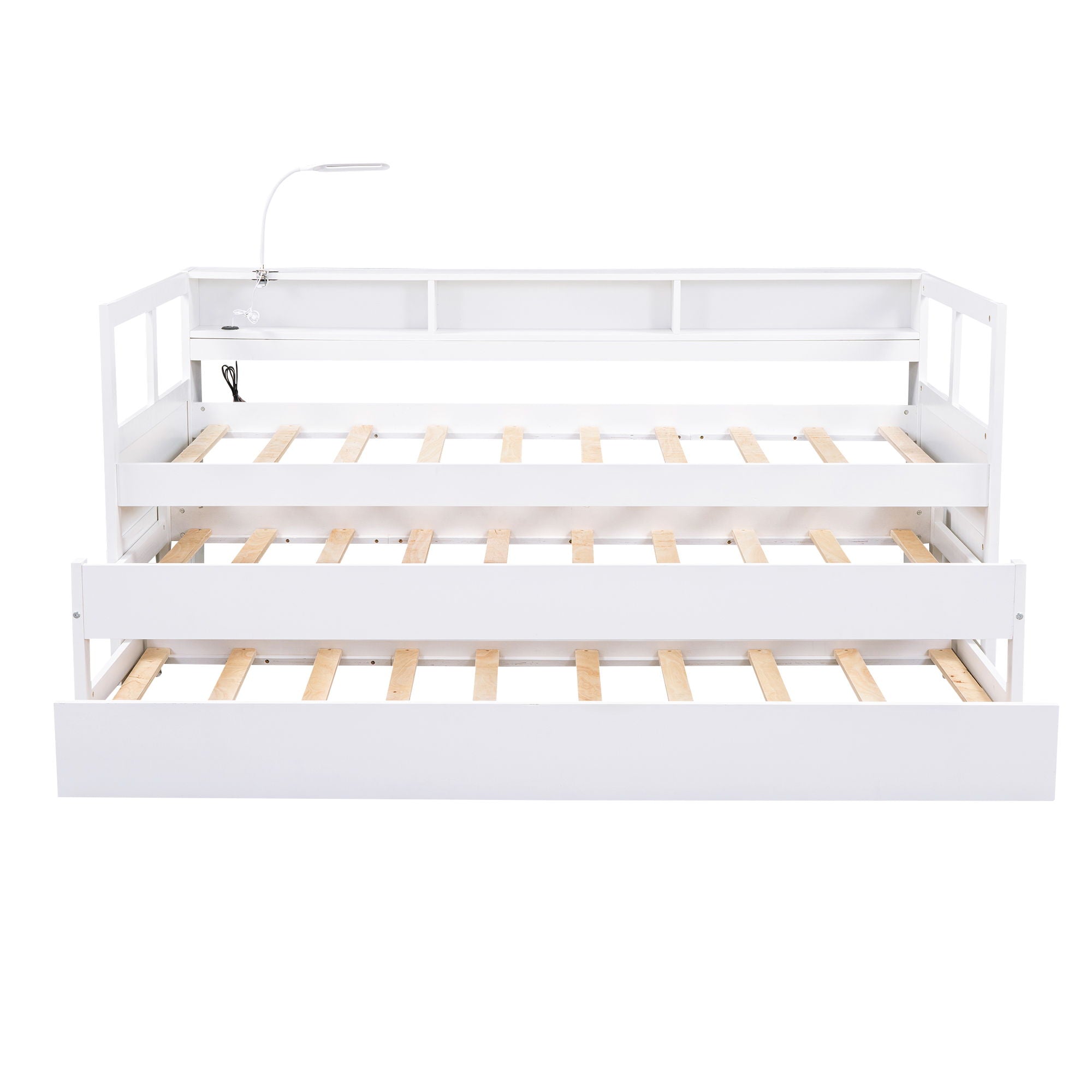 Daybed With 2 Trundles, 3 Storage Cubbies, Built In USB Charging Light