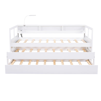 Daybed With 2 Trundles, 3 Storage Cubbies, Built In USB Charging Light