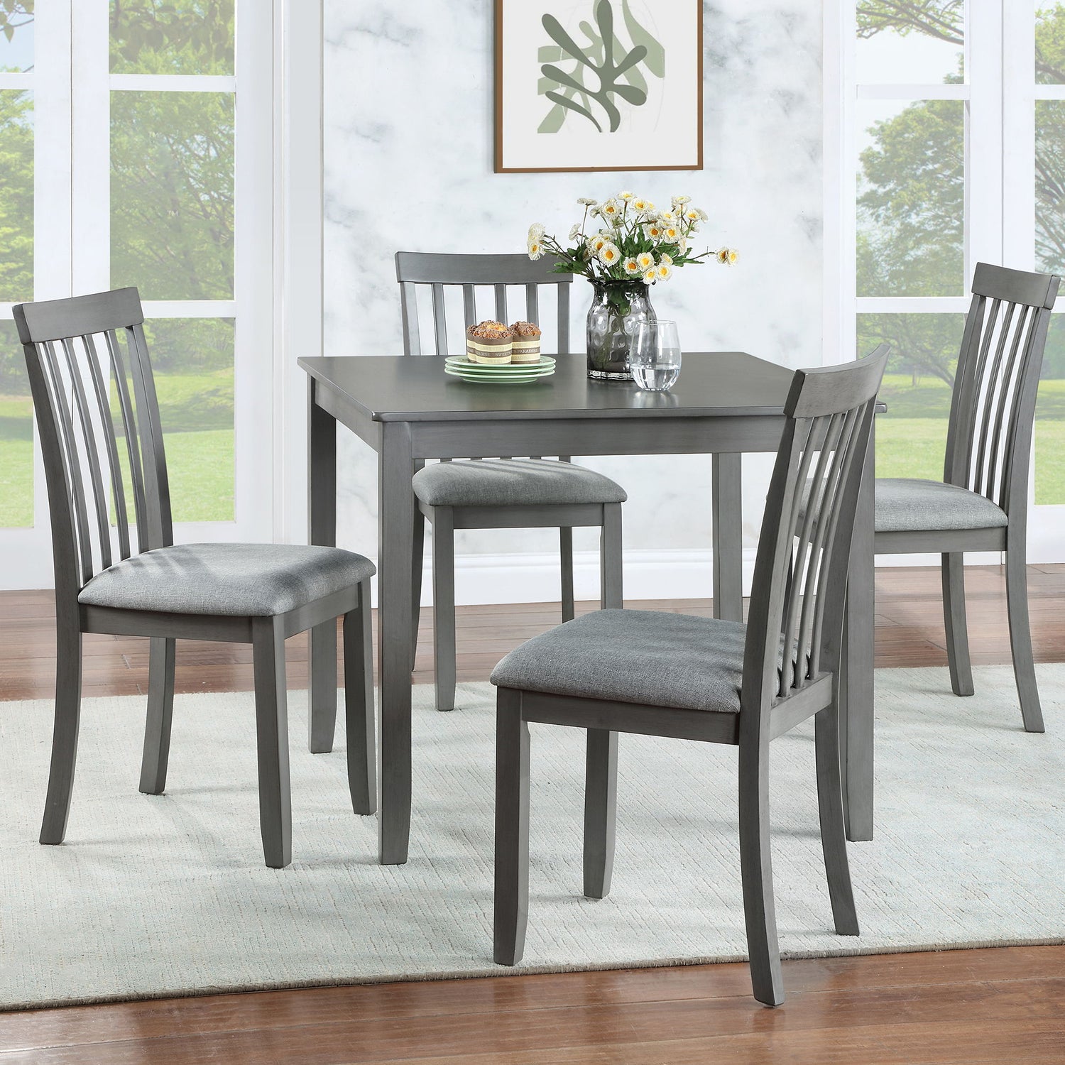 5 Piece Modern Dining Set, Square Wooden Dining Table With 4 Upholstered Chairs For Kitchen, Dining Room - Gray