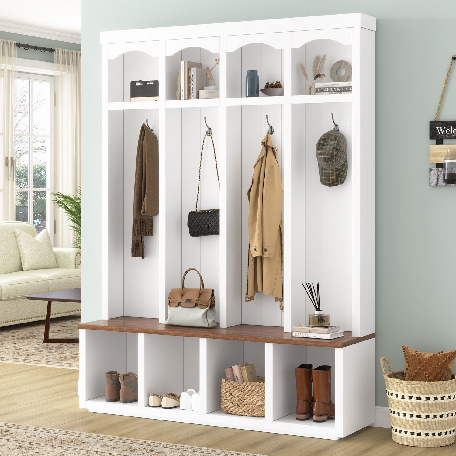 Entryway Hall Tree With Bench, 4 Hooks &amp; Open Storage Space
