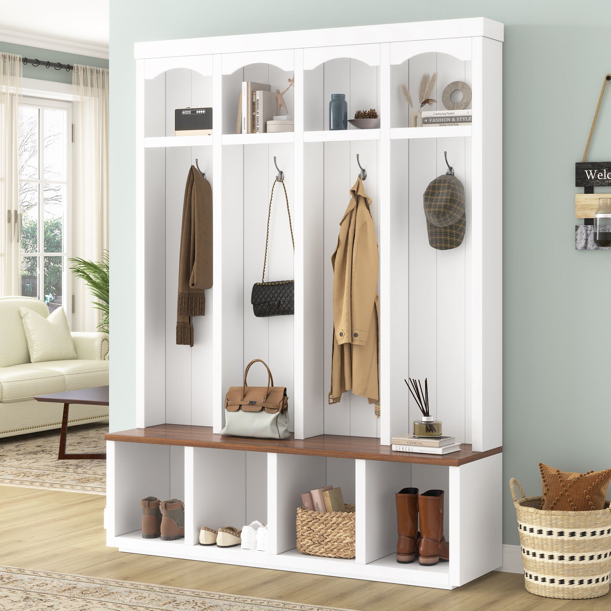 Entryway Hall Tree With Bench, 4 Hooks &amp; Open Storage Space