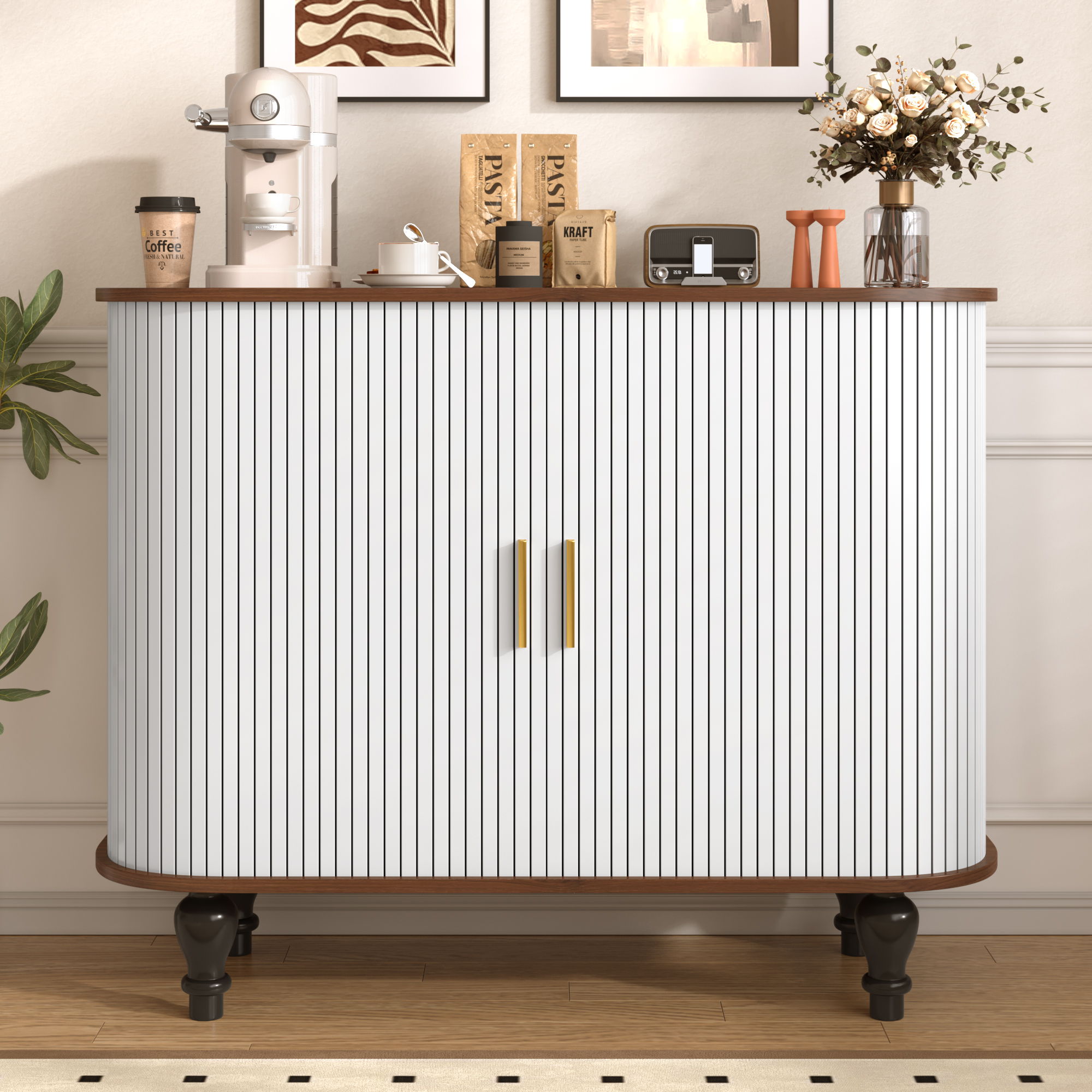 Fluted Liquor &amp; Coffee Bar Cabinet With 6 Wine Racks And 3 Glass Holders