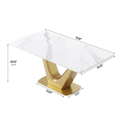 70.84&quot; Modern Artificial Stone Panel V-Shaped Metal Legs, Can Accommodate 6-8 People - White / Gold