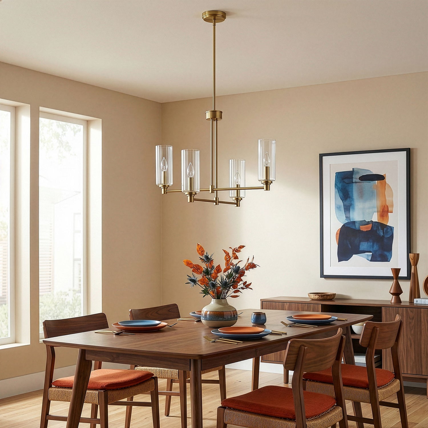 Enigma - 4 Lights Chandelier With Clear Ribbed Satin - Antique Brass / Clear / Gold