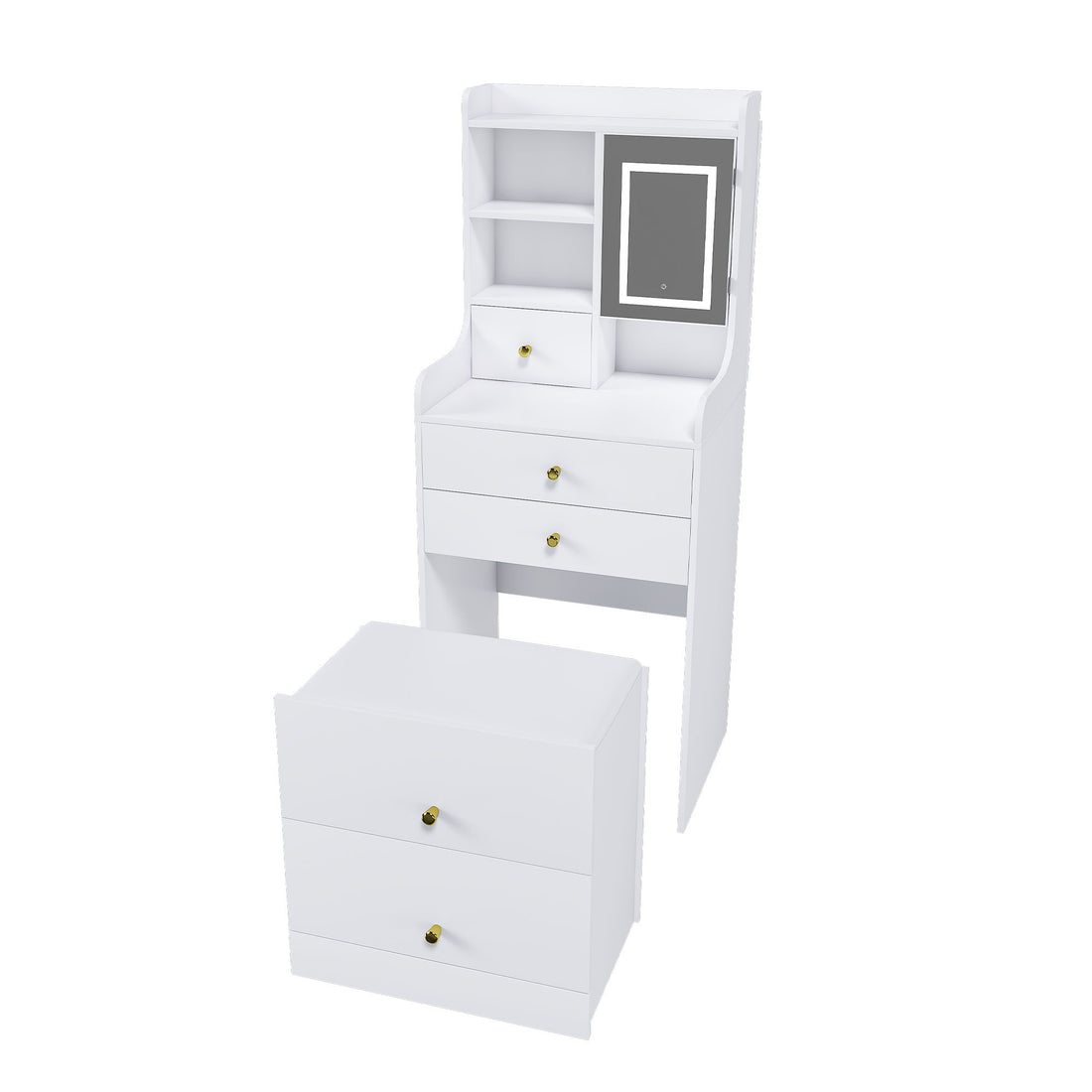 3 In 1 Dressing Table With LED Mirror &amp; Storage Stool, Compact Makeup Vanity - White