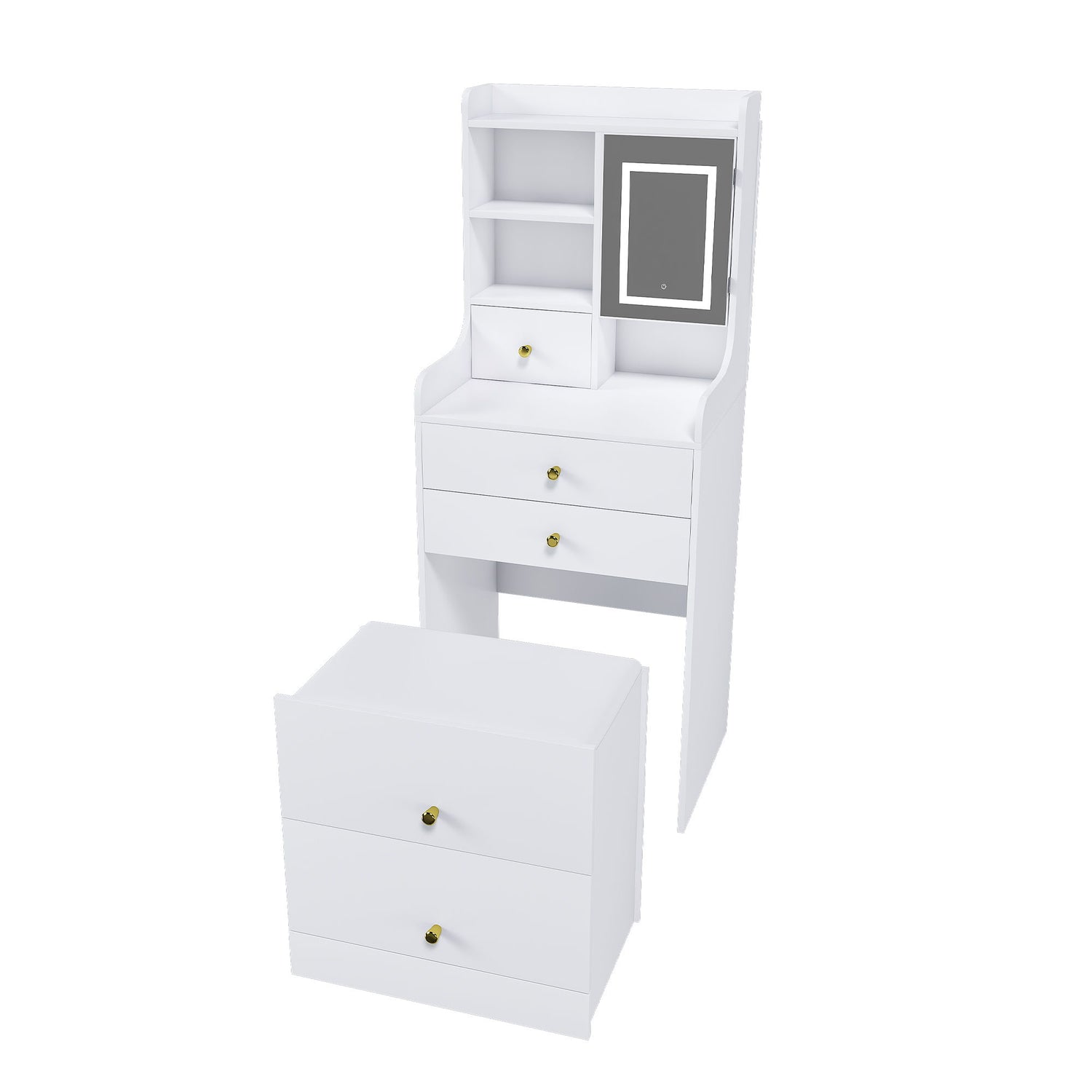 3 In 1 Dressing Table With LED Mirror &amp; Storage Stool, Compact Makeup Vanity - White