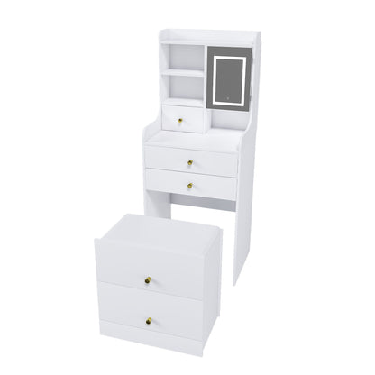 3 In 1 Dressing Table With LED Mirror &amp; Storage Stool, Compact Makeup Vanity - White