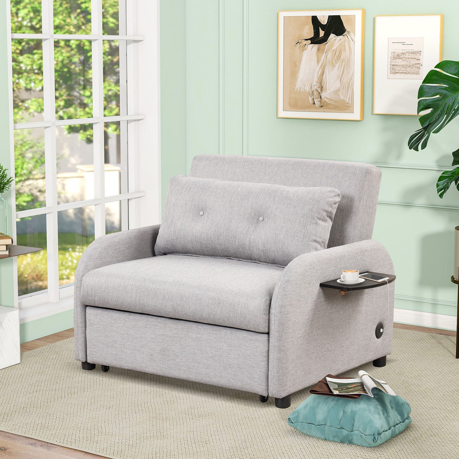 Versatile Pull Out Sofa Sleeper 3 In 1 With Wing Table &amp; USB Charge, Compact Design
