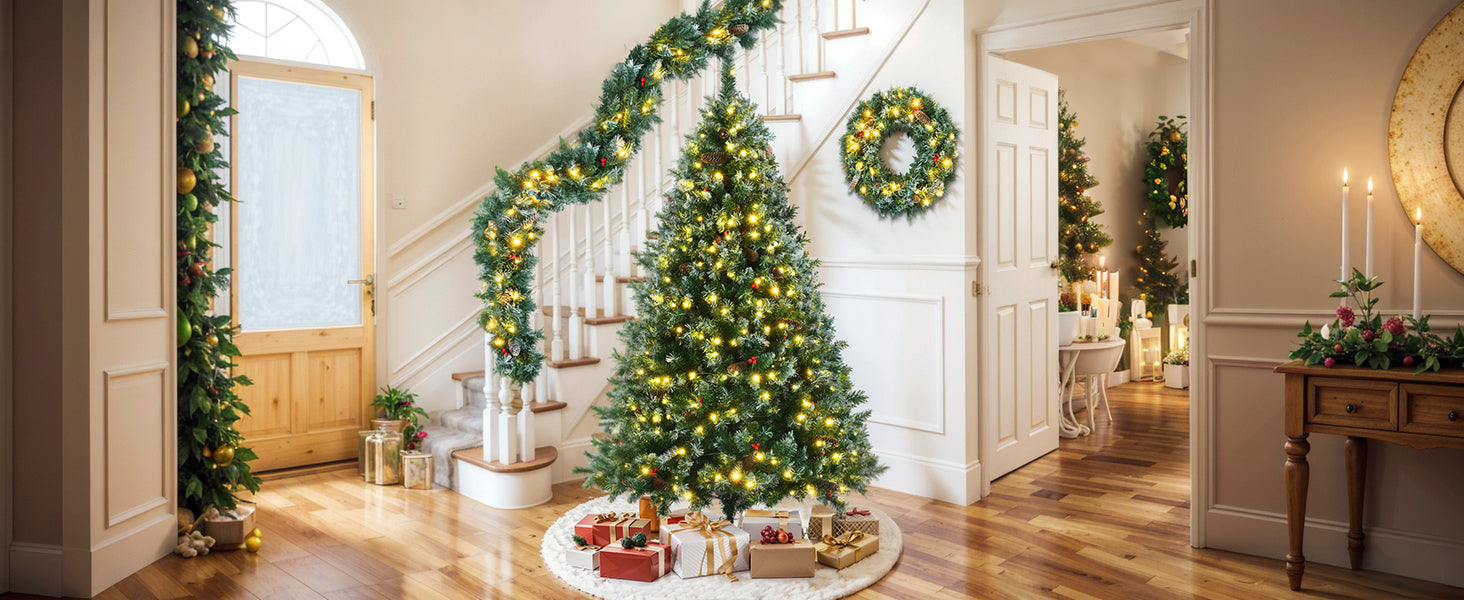 6FT Dark Green Pine Christmas Tree, Pre-Lit Set with Tree &amp; Garland &amp; Wreath, Hinged Artificial Xmas Tree with White Tips, Red Berries and Pine Cones, 11 Colorful Modes, Indoor Holiday Decoration