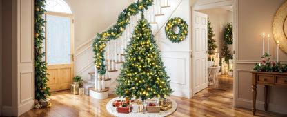 6FT Dark Green Pine Christmas Tree, Pre-Lit Set with Tree &amp; Garland &amp; Wreath, Hinged Artificial Xmas Tree with White Tips, Red Berries and Pine Cones, 11 Colorful Modes, Indoor Holiday Decoration
