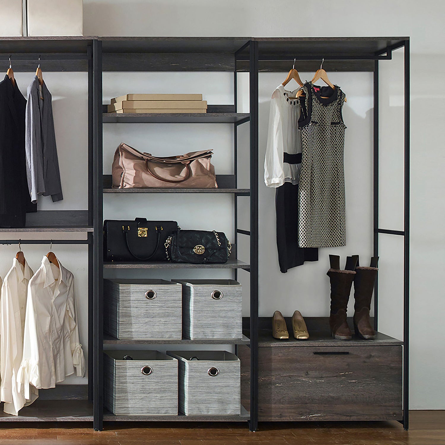 Monica - Wood Walk In Closet System Melamine 143&quot; Modular Storage - Rustic