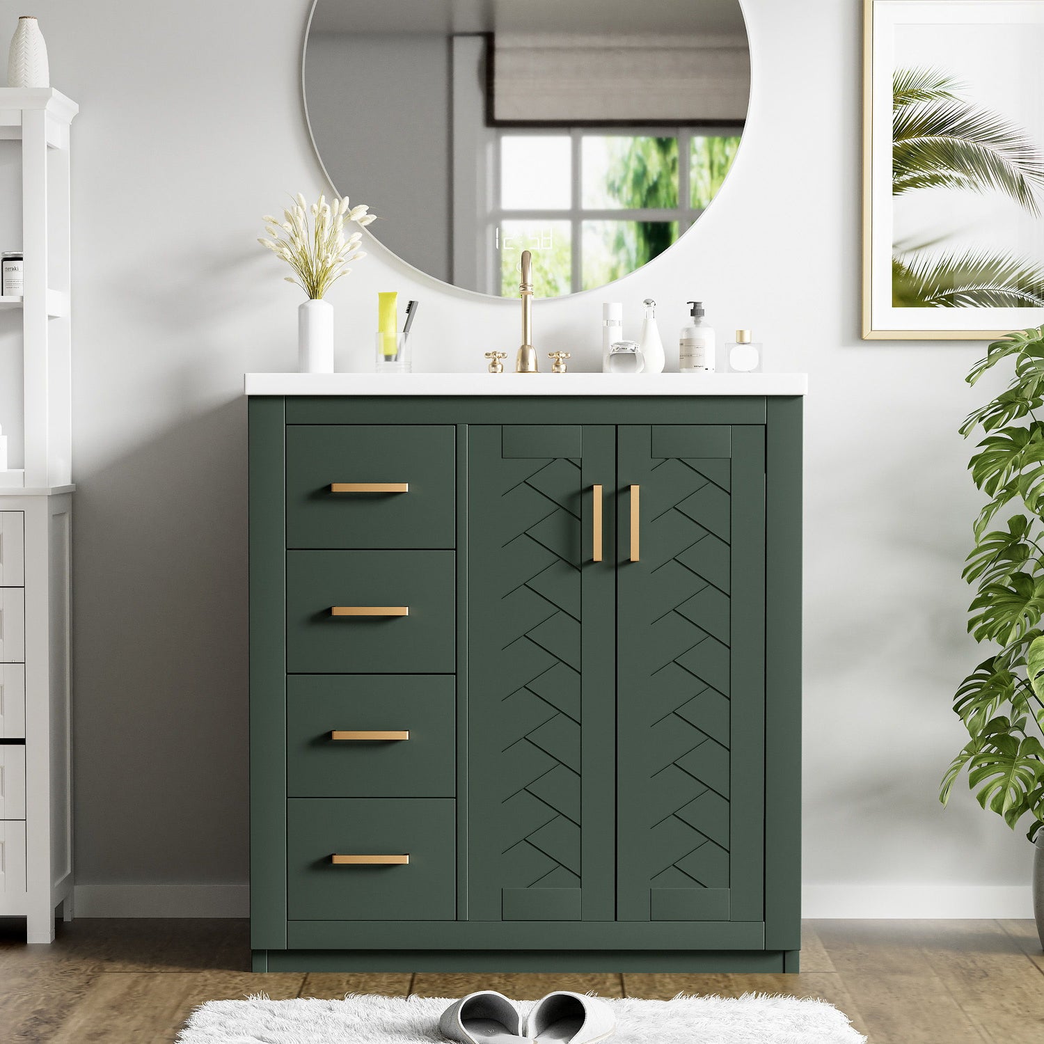 Ceramic Sink Combo, Freestanding Vanity Set With 3 Drawers &amp; Soft Closing Doors