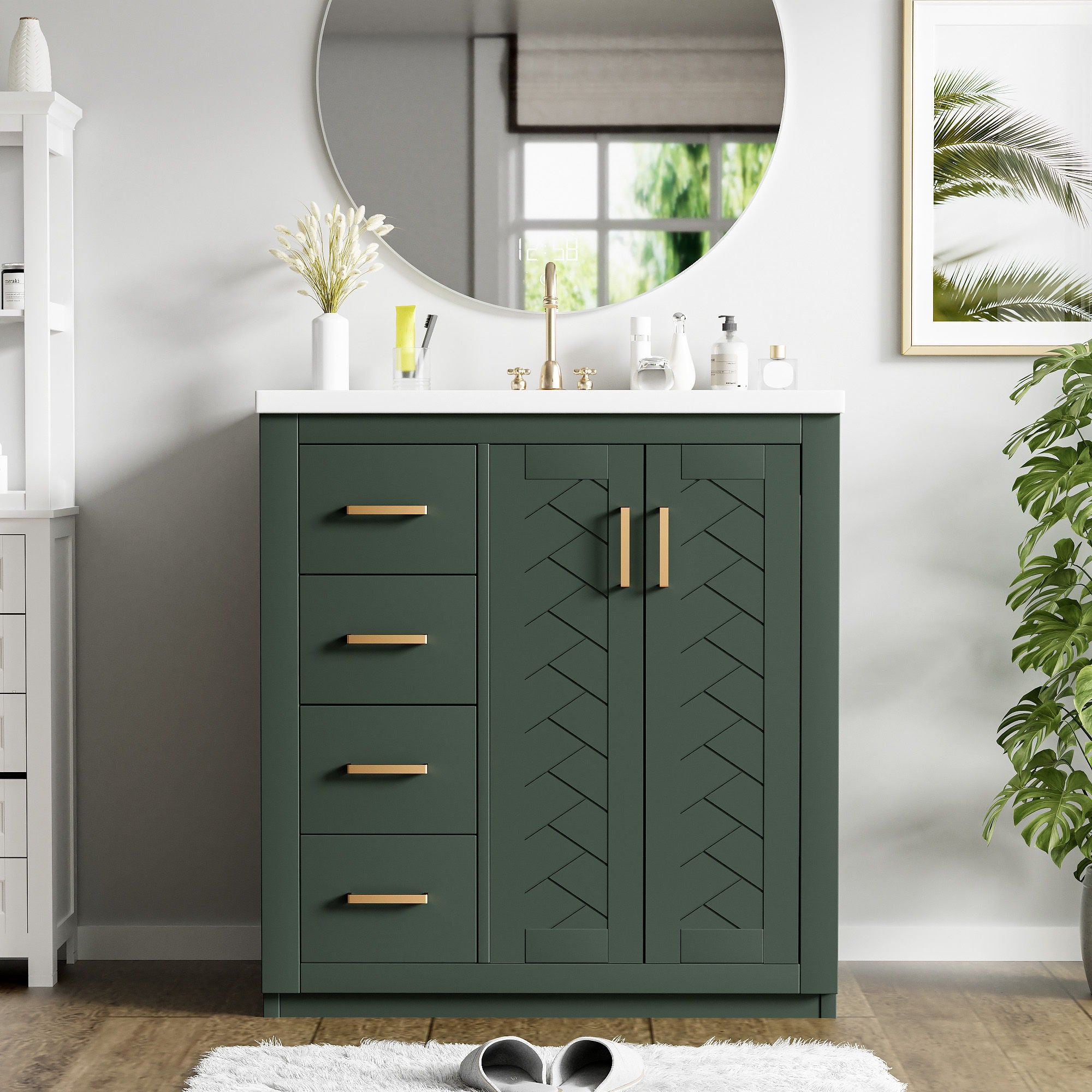 Ceramic Sink Combo, Freestanding Vanity Set With 3 Drawers &amp; Soft Closing Doors