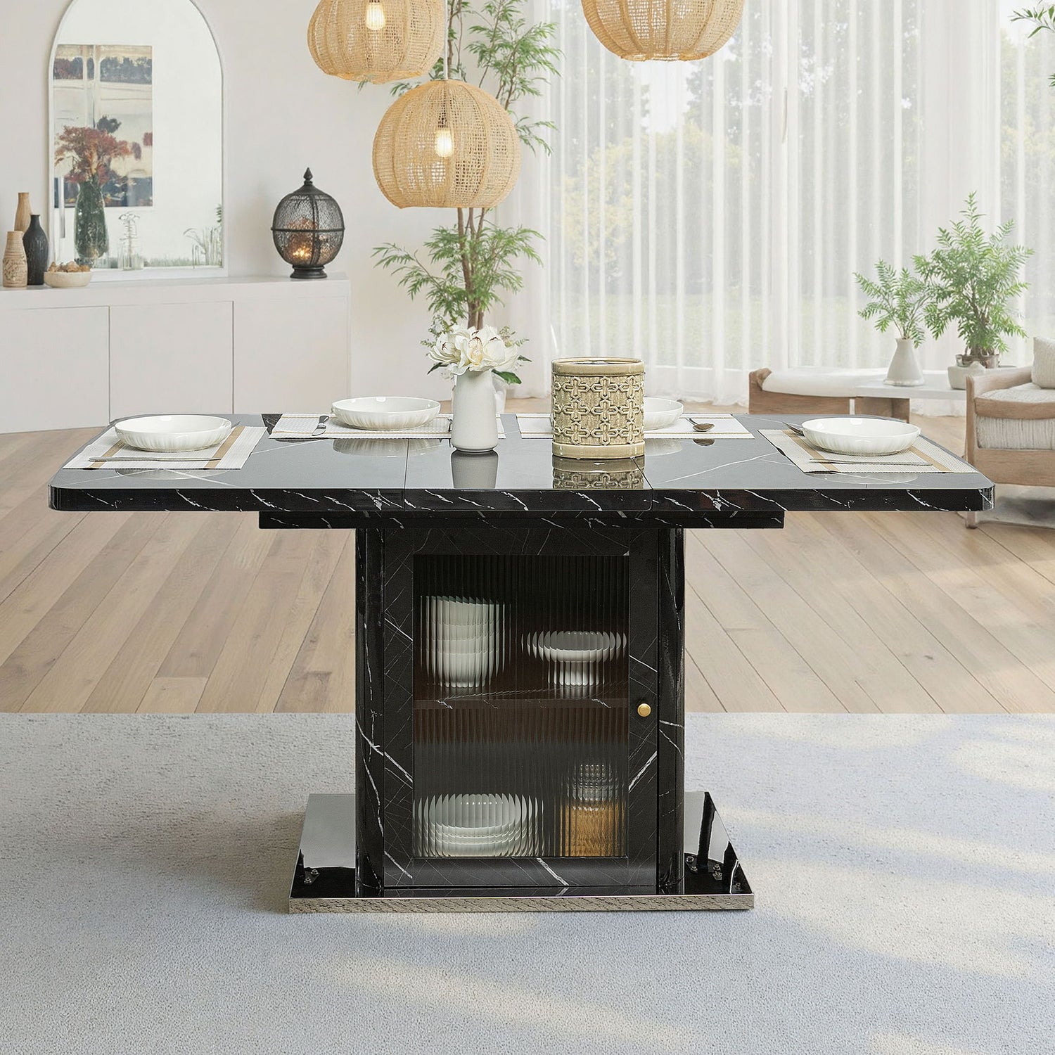 Modern Rectangle Dining Table With Stretchable Top, Storage Cabinet