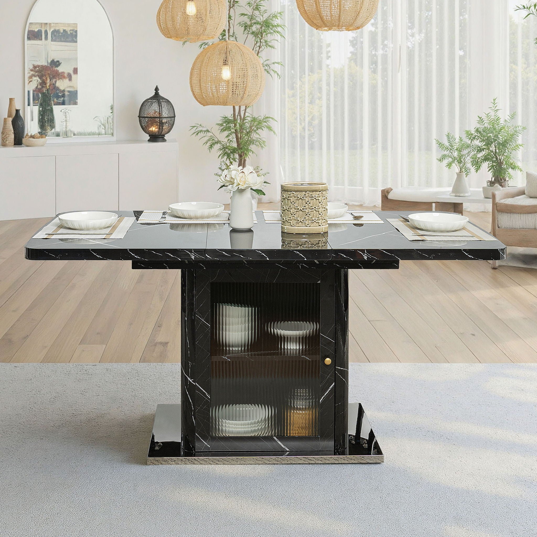 Modern Rectangle Dining Table With Stretchable Top, Storage Cabinet