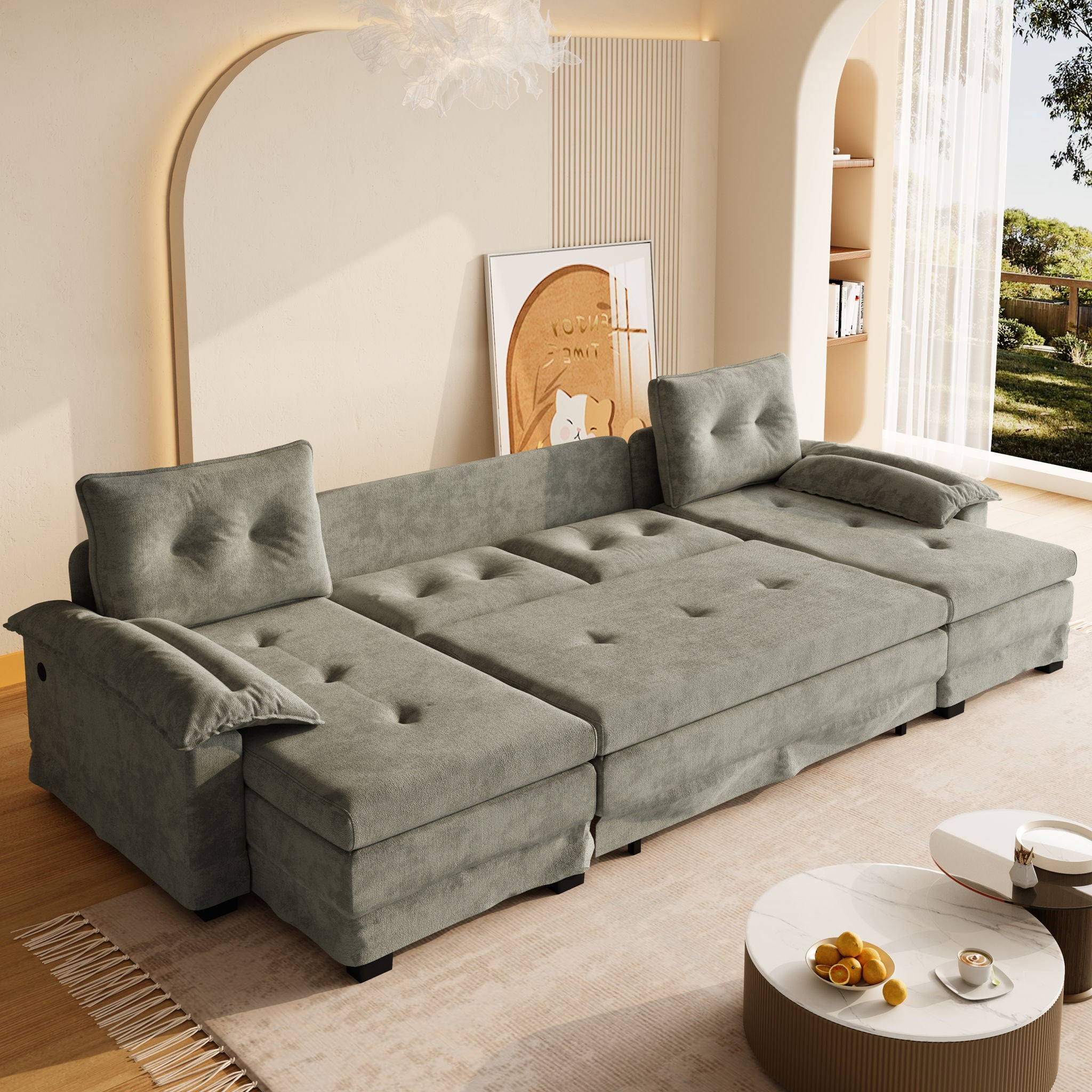 U-Shaped Sleeper Sofa With Pull Out Bed, Removable Armrests &amp; USB Ports For Living Room