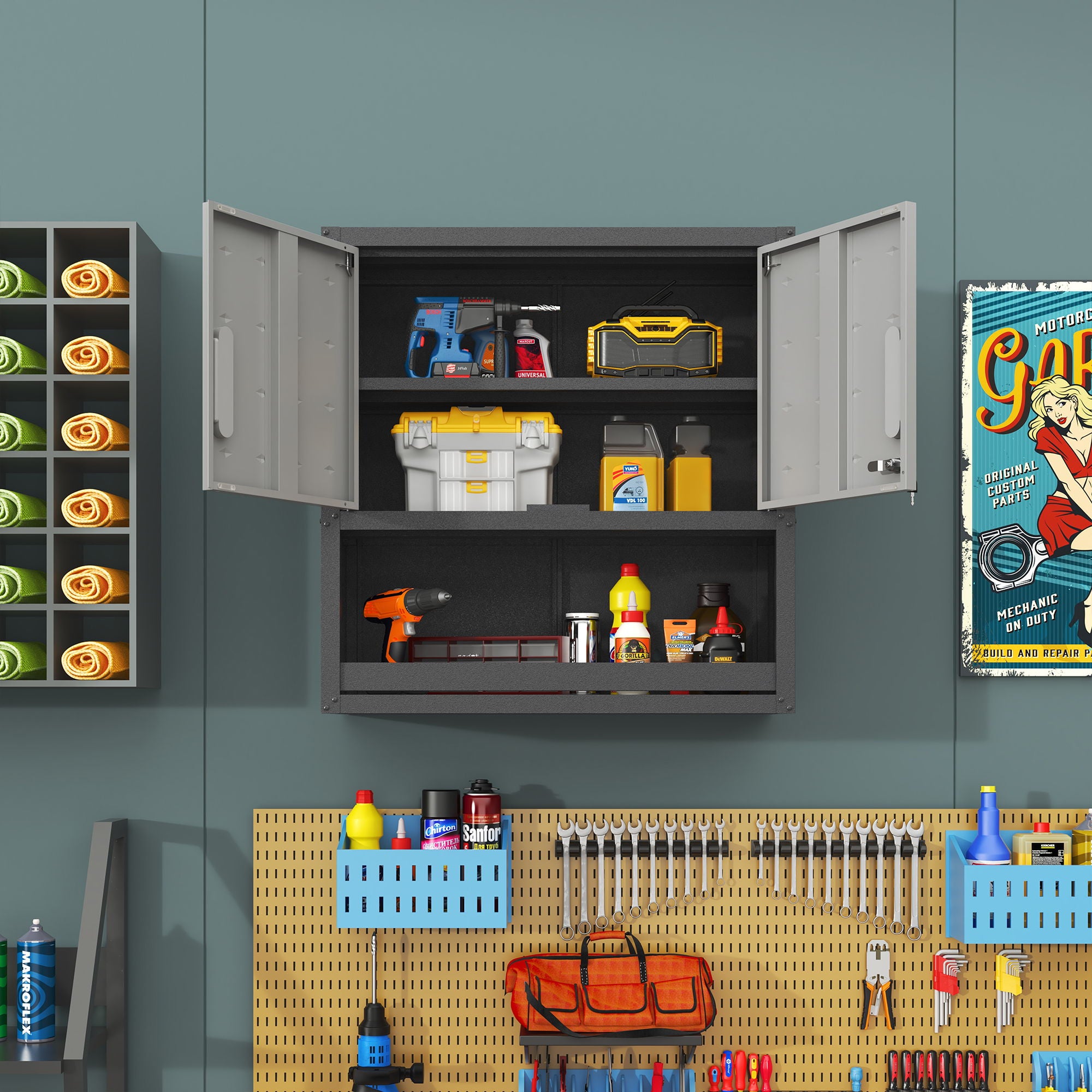 Metal Wall Mounted Tool Storage Cabinet With Locking Door, 1 Shelf &amp; 1 Drawer