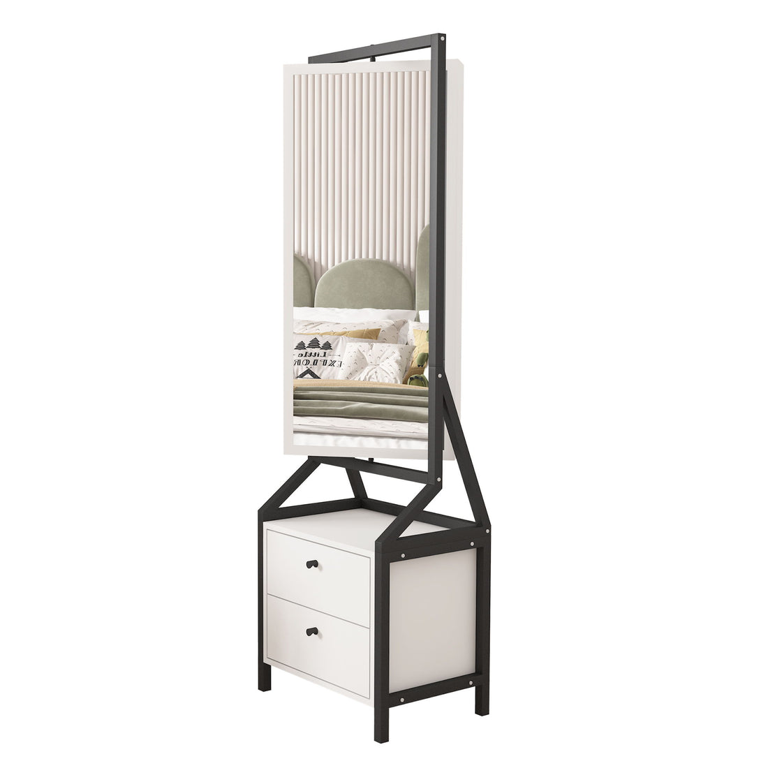 Modern Design Rotating Floor Standing Mirror Closet &amp; Spacious Storage Area - White