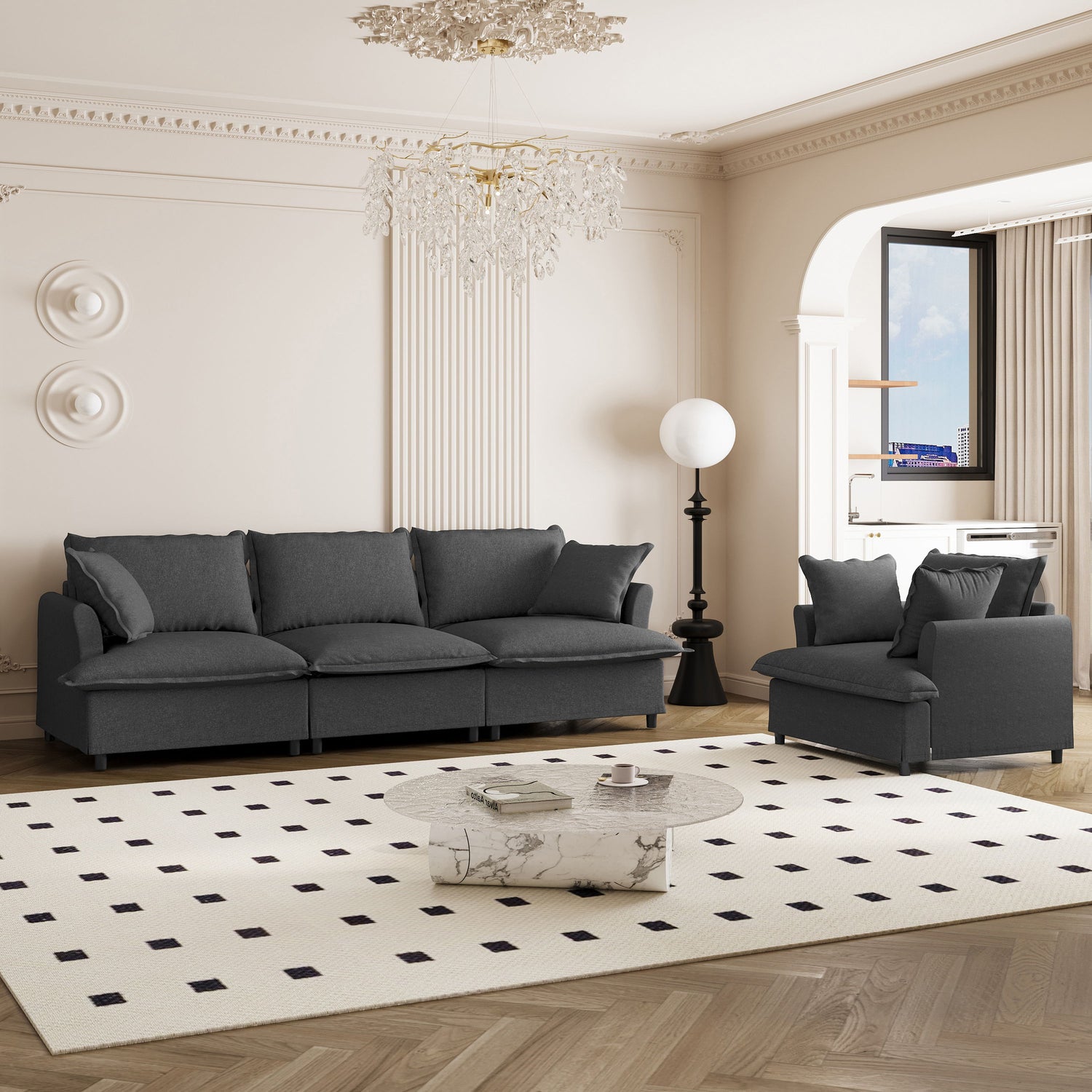 Living Room Set Modular Sectional Couch, Upholstered Sofa &amp; Armchair &amp; Movable Ottoman