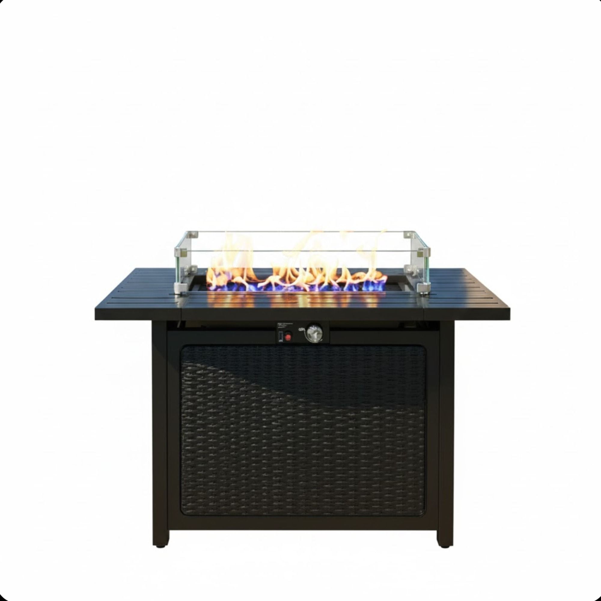 Outdoor 2 In 1 Propane Fire Pit Table With Lid &amp; Glass Shield, Rectangular Fire Table, Lava Rock &amp; Cover - Black
