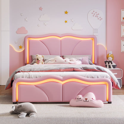Upholstered Platform Bed &amp; Curve Shaped And Height Adjustable Headboard, LED Light Strips