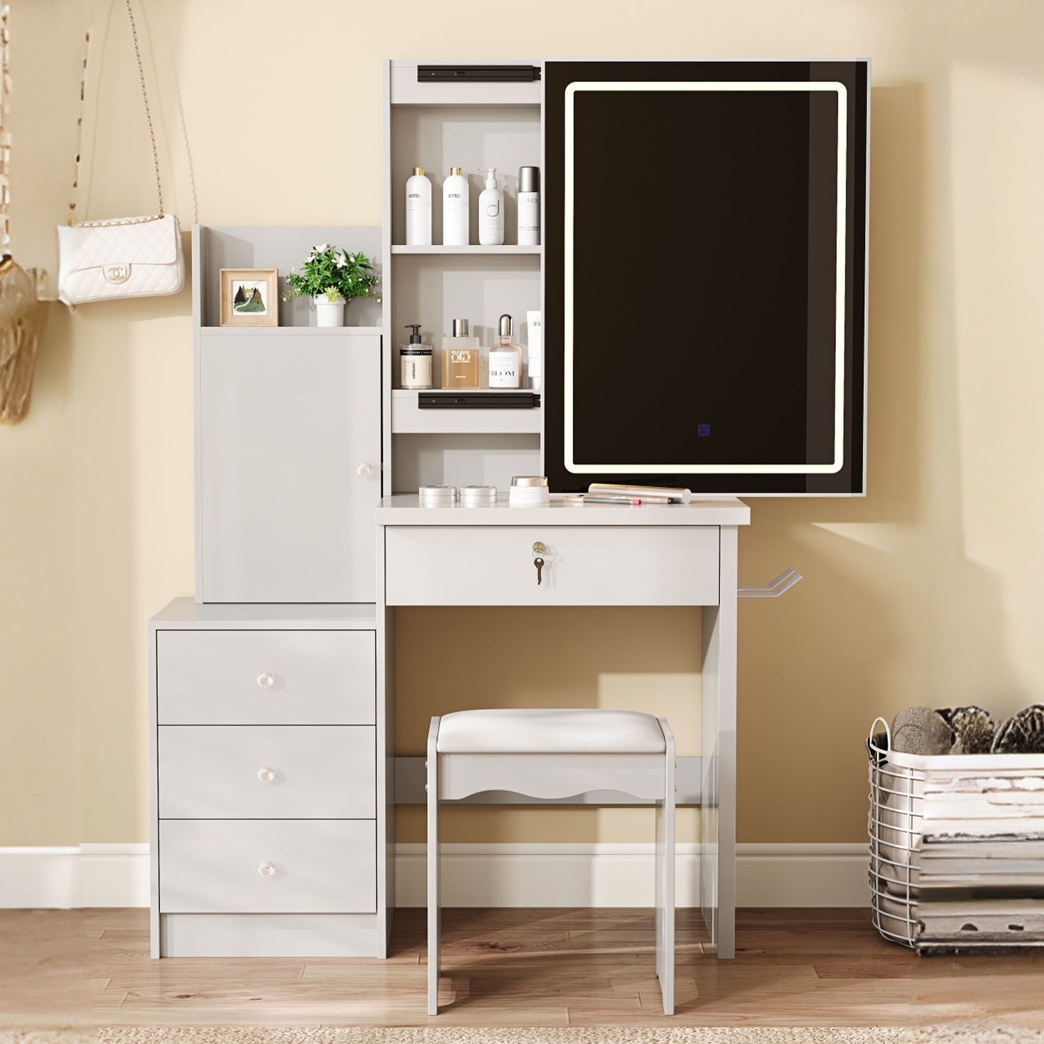 Vanity Desk Set With Sliding Lighted Mirror, 4 Drawer Makeup Dressing Table With 9 Storage Spaces, Hidden Compartments &amp; Cushioned Stool, Beauty Furniture For Bedroom - White