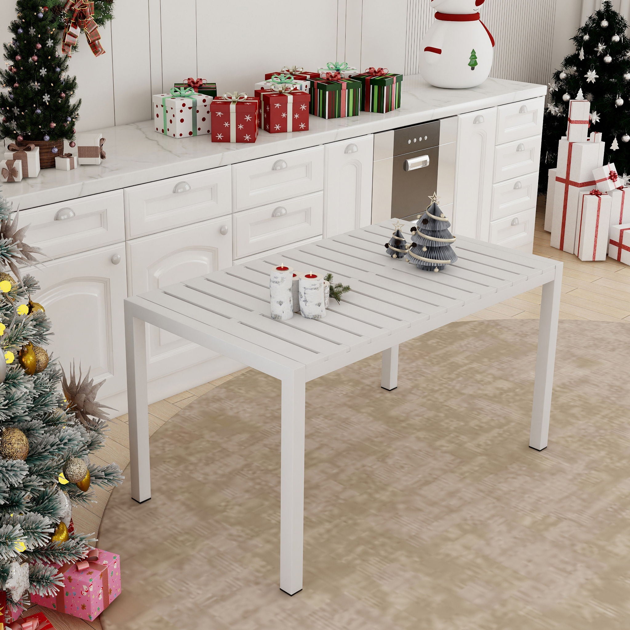 Modern Long Table, UV Resistant And Rust Proof, Pp Tabletop, UV Resistant Powder Coated Metal Legs - Snow White