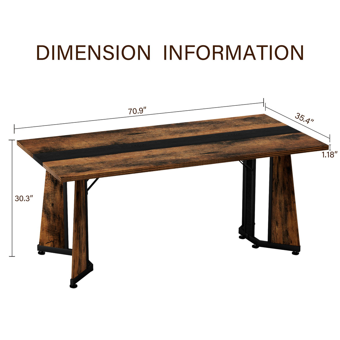 Rustic Rectangular Large Dining Table, Waterproof Desk For 8 People, &amp; Steel With Adjustable Legs - Black / Rustic Brown