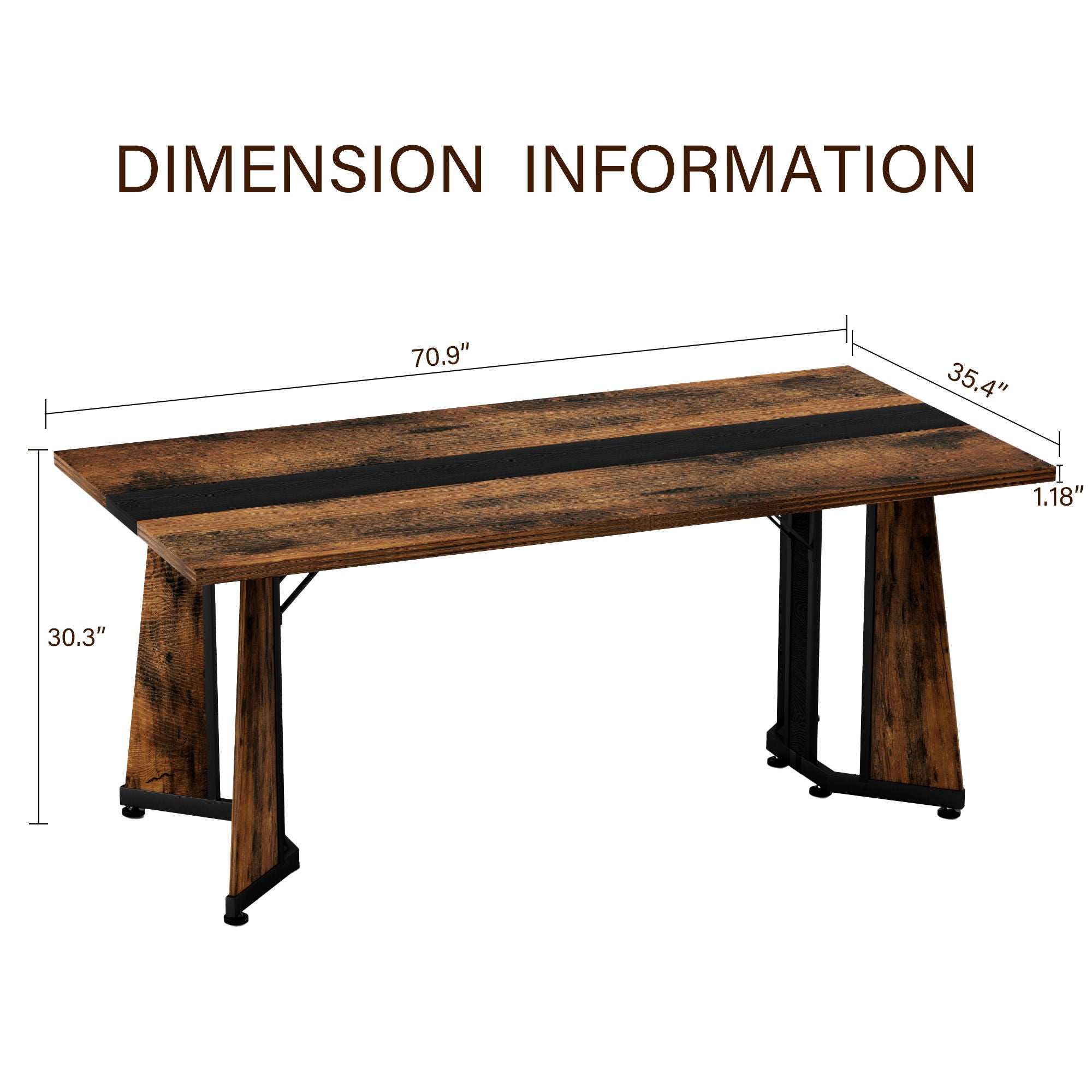 Rustic Rectangular Large Dining Table, Waterproof Desk For 8 People, &amp; Steel With Adjustable Legs - Black / Rustic Brown