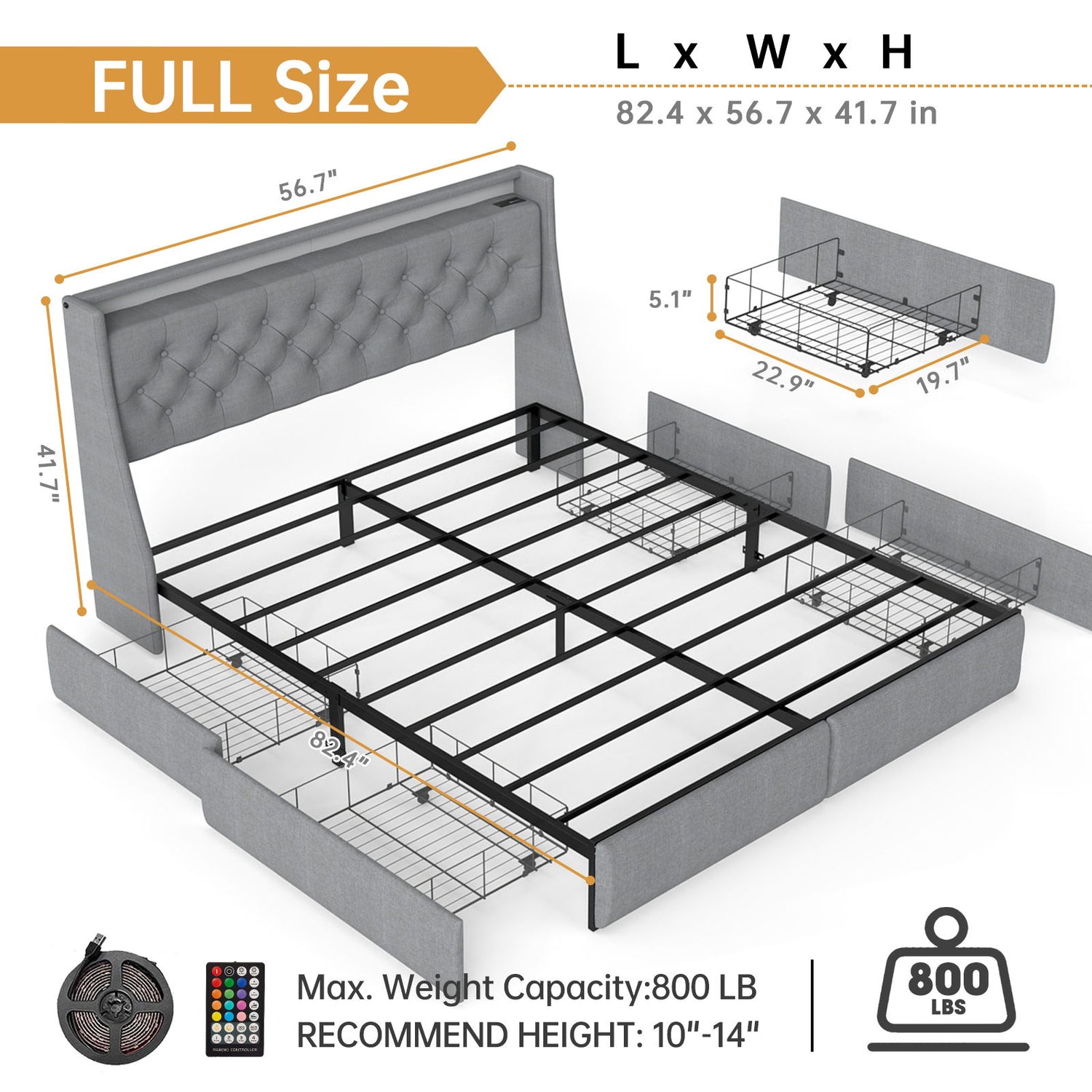Platform Bed Frame With RGB LED Lights, Charging Station, Storage Headboard &amp; 4 Underbed Drawers