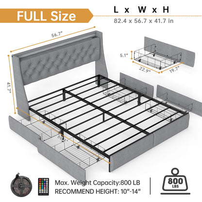 Platform Bed Frame With RGB LED Lights, Charging Station, Storage Headboard &amp; 4 Underbed Drawers