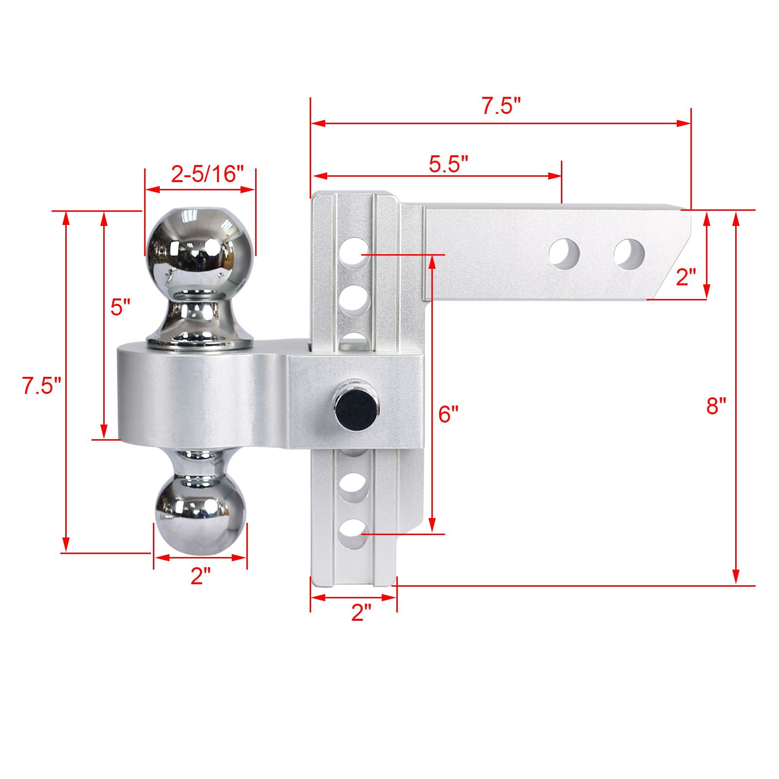 Alu - Adjustable Trailer Drop Hitch With 2&quot; Receiver, 6&quot; Adjustment - Silver