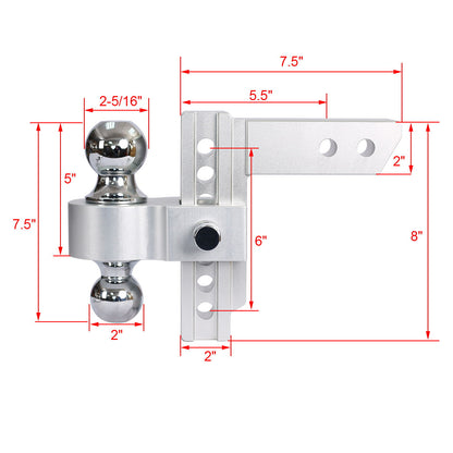 Alu - Adjustable Trailer Drop Hitch With 2&quot; Receiver, 6&quot; Adjustment - Silver